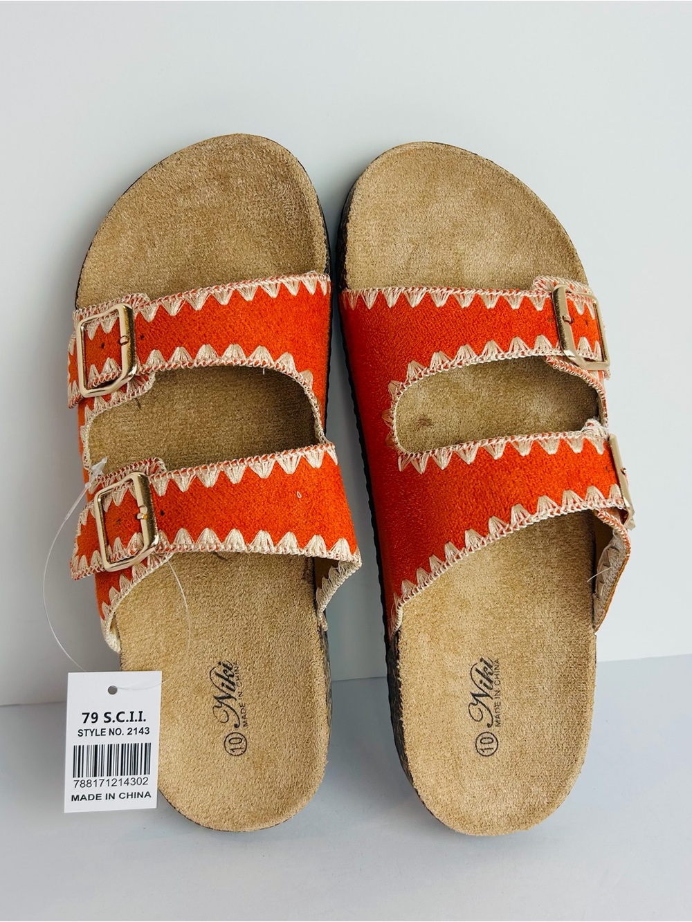 NWT Niki Slip On Sandals Women's 10 Orange Double Strap Gold Buckles Embroidered